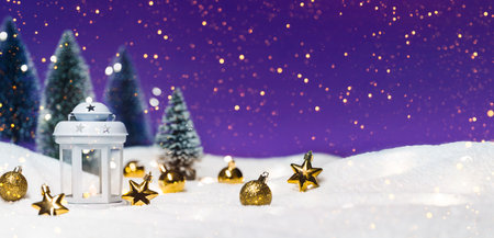 Christmas lantern with tree in snow. Glowing festive garland on purple background. Cozy fairytale...
