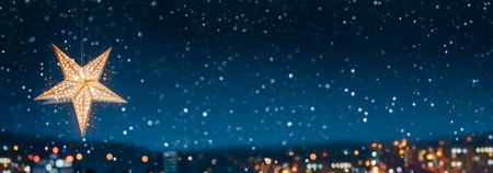 Christmas star-shaped lamp against the backdrop of the night snowy city. Cozy fairytale atmosphere with home decor. Selective focus on star. New Year card with copy spaceの写真素材