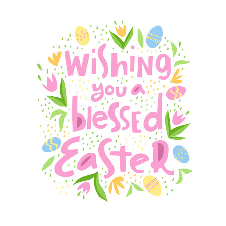 Vector trendy hand lettering Wishing you a blessed Easter. Phrase for creative poster design. Greeting card for spring holiday. Quote isolated on white background.のイラスト素材