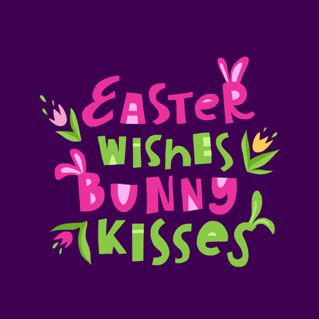 Vector trendy hand lettering Easter wishes, bunny kisses. Phrase for creative poster design. Greeting card for spring holiday. Quote isolated on purple background. Letters in cutout styleのイラスト素材