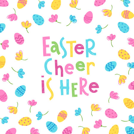 Vector trendy hand lettering Easter Cherr Here. Phrase for creative poster design. Greeting card for spring holiday. Quote isolated on white background.のイラスト素材