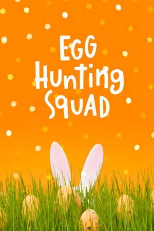Trendy hand lettering Egg hunting squad. Phrase for creative poster design. Bunny rabbit ears and bunch of eggs on green meadow and orange background.の写真素材