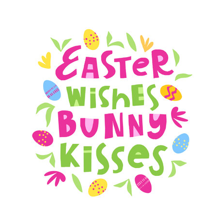Vector trendy hand lettering Easter wishes, bunny kisses. Phrase for creative poster design. Greeting card for spring holiday. Quote isolated on white background. Letters in cutout styleのイラスト素材