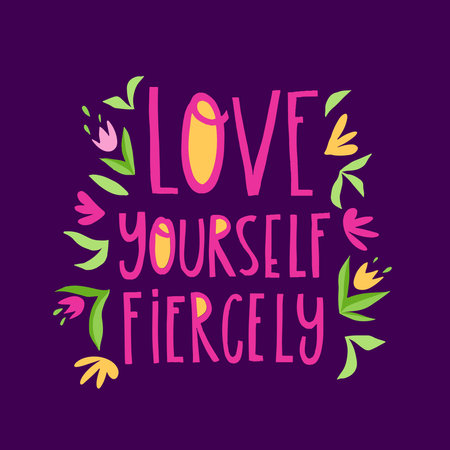 Hand drawn lettering Love yourself fiercely. Phrase for creative poster design. Greeting card with wishes. Quote isolated on white background. Letters in cutout style.のイラスト素材