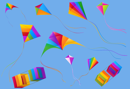 colorful Kites scattered flying on blue backgroundのイラスト素材