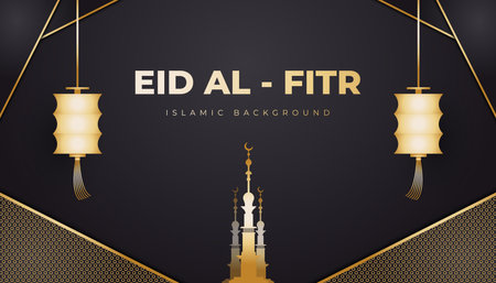 Elegant Islamic Background with Golden Color. Ramadan Kareem Design with Lantern and Gorgeous Mosqueのイラスト素材