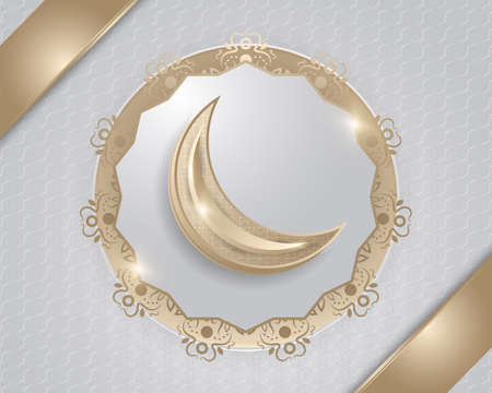 Islamic Background with Gold Crescent Moon and Luxurious Decorations on White Background with Abstract Patternのイラスト素材