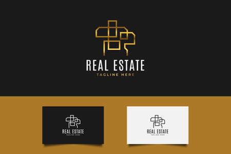Gold Real Estate Logo with Line Style. Construction, Architecture or Building Logo Design Templateのイラスト素材