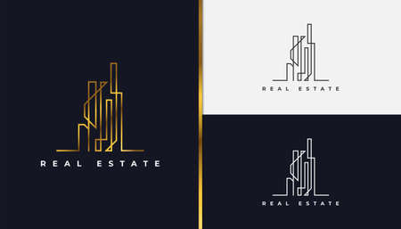 Real Estate Logo in Gold Gradient with Line Style. Construction, Architecture or Building Logo Design Templateのイラスト素材