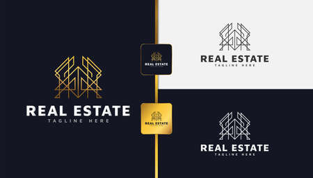Real Estate Logo in Gold Gradient with Line Style. Construction, Architecture or Building Logo Design Templateのイラスト素材