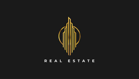 Luxury Real Estate Logo in Gold Gradient with Line Style. Construction, Architecture or Building Logo Design Templateのイラスト素材