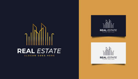 Real Estate Logo in Gold Gradient with Line Style. Construction, Architecture or Building Logo Design Templateのイラスト素材