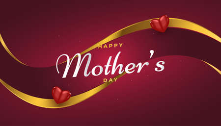 Mother's Day Greeting Card in Red and Gold with Paper Cut Style. Vector Banner with Hearts For Mother's Day Celebration. Love Symbol and Calligraphy Textのイラスト素材