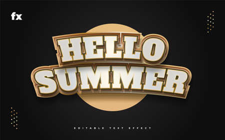 Hello Summer Text in White and Gold with Curved and Embossed Effect. Editable Text Style Effectのイラスト素材