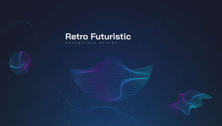 Retro Futuristic Background with Abstract Colorful Wavy Shapes. Sci fi Vector Illustration, Can Be Used for Banner, Landing Page, Cover, Presentation and Moreのイラスト素材
