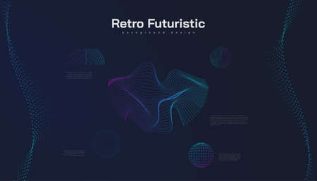 Retro Futuristic Background with Abstract Colorful Wavy Shapes. Sci fi Vector Illustration, Can Be Used for Banner, Landing Page, Cover, Presentation and Moreのイラスト素材