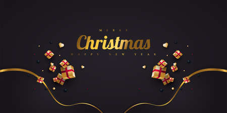 Merry Christmas and Happy New Year Banner or Poster. Elegant Christmas Greeting card in Black and Gold with Luxury Gift Boxのイラスト素材