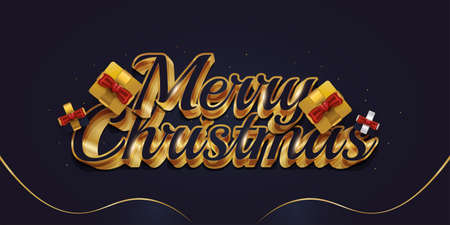 Merry Christmas Greeting Text with Gift Box and Luxury 3D Lettering in Blue and Goldのイラスト素材