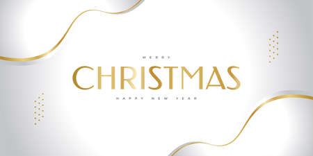 Merry Christmas and Happy New Year Banner or Poster. Elegant Christmas Greeting card in White and Goldのイラスト素材