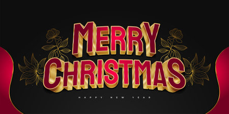 Merry Christmas and New Year Banner or Poster with Red and Gold 3D Text and Elegant Floral Illustrationのイラスト素材