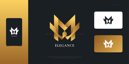 Abstract and Elegant Initial Letter M and W Logo Design in Gold Gradient. MW or WM Monogram Logoのイラスト素材