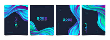 Happy New Year 2022 Poster Set with Colorful Wave Background Design. 2022 Number Design Template. New Year Celebration Design Template for Flyer, Poster, Brochure, Card, Banner or Postcardのイラスト素材