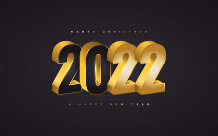 Happy New Year 2022 Banner or Poster Design with 3D Black and Gold Numbers Style. 2022 Numbers...