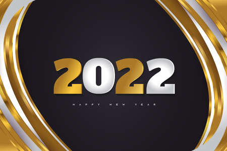 Happy New Year 2022 Banner or Poster Design with Silver and Gold Numbers on Black Background. 2022 Symbol. Holiday Vector Illustrationsのイラスト素材
