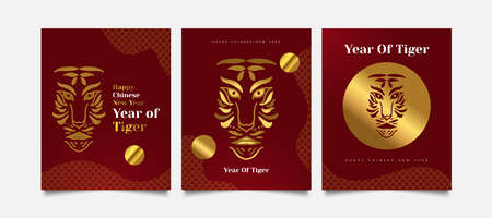 Chinese New Year 2022 Year of The Tiger. Red and Gold Chinese New Year Poster or Card with Tiger Face Illustrationのイラスト素材