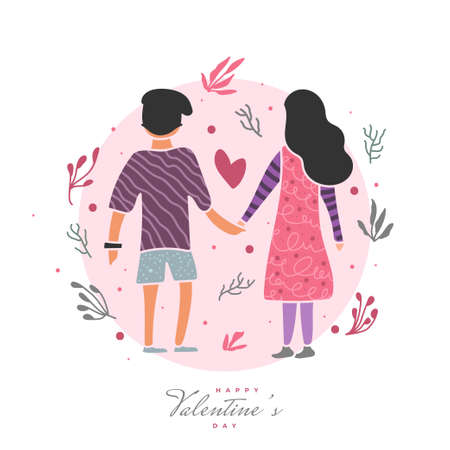 Couple Holding Hands Illustration with Cute Flowers Element and Happy Valentine's Day Lettering. Valentine's Day Postcard Design with Couple Illustrationのイラスト素材