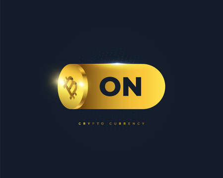 Bitcoin Cryptocurrency with On Button. Golden Bitcoin Symbol Isolated on Blue Background. Virtual...