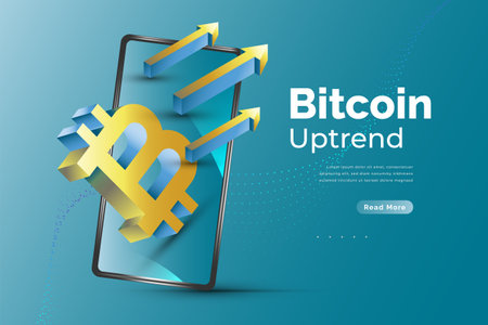 Bitcoin Cryptocurrency on Mobile. 3D Bitcoin Illustration with Smartphone Isolated on Blue Backgroundのイラスト素材
