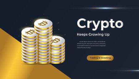 Stacks of Gold Bitcoins. Bitcoin Cryptocurrency Web Banner or Cover. Digital Currency Backgroundのイラスト素材