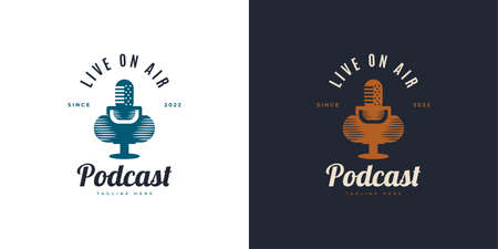 Vintage Podcast Logo Design. Podcast, Radio or, Microphone Logo or Icon. Webcast Audio Record Concept Logoのイラスト素材