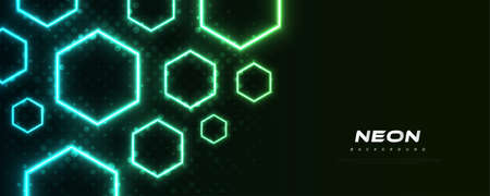 Modern Futuristic Sci-Fi Background with Glowing Hexagon Neon Shapes in Blue and Green with Halftone Style Isolated on Dark Backgroundのイラスト素材