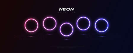 Futuristic Modern Sci-fi Background with Glowing Neon Circles on Dark Background. Abstract Blue And Purple Neon Light Shapes On Black Backgroundのイラスト素材