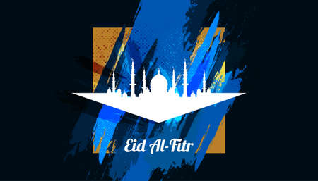 Eid Al Fitr Mubarak. Islamic Background with Mosque and Brush Style. Happy Eid Mubarak Illustration for Banner or Posterのイラスト素材