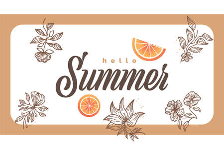 Minimalist Summer Background with Flowers and Oranges Illustration. Summer Time Background for Banner or Poster Designのイラスト素材
