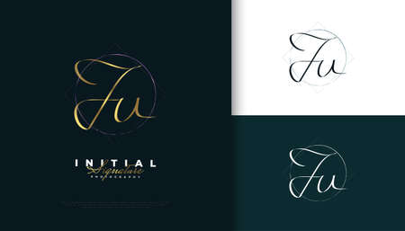 JU Initial Signature Logo Design with Elegant and Minimalist Gold Handwriting Style. Initial J and U Logo Design for Wedding, Fashion, Jewelry, Boutique and Business Brand Identityのイラスト素材