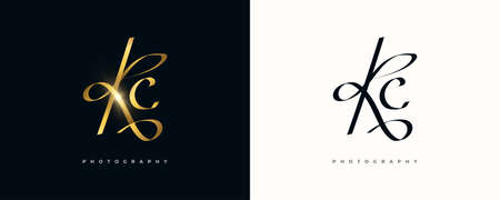 KC Initial Signature Logo Design with Elegant and Minimalist Gold Handwriting Style. Initial K and C Logo Design for Wedding, Fashion, Jewelry, Boutique and Business Brand Identityのイラスト素材
