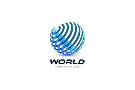 3D Blue World Logo with Line Style Concept. Striped Sphere Logo or Icon , Suitable for Business, Communication, and Technology Logosのイラスト素材