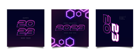 Happy New Year 2023 Poster Set with Futuristic Concept and Colorful Neon Effect. 2023 New Year Design Templates for Celebration, Background, Banner, Cover, Card, and Social Media Templateのイラスト素材