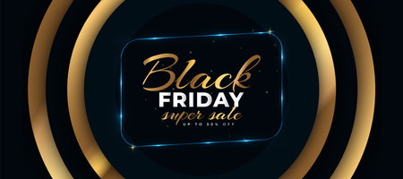Black Friday Sale Banner with Shining Frame on Blue and Gold Paper Background. Advertising and Promotion Banner Template Design for Black Friday Campaignのイラスト素材