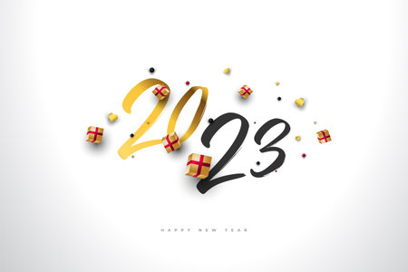 Happy New Year 2023 with Gold Numbers and Realistic Gift Box Isolated on White Background. New Year Design for Banner, Poster and Greeting Cardのイラスト素材