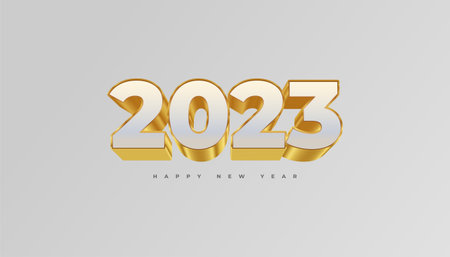Happy New Year 2023 with White and Gold 3D Numbers Isolated on White Background. New Year Design for Banner, Poster and Greeting Cardのイラスト素材