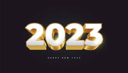 Happy New Year 2023 with White and Gold 3D Numbers Isolated on Black Background. New Year Design for Banner, Poster and Greeting Cardのイラスト素材