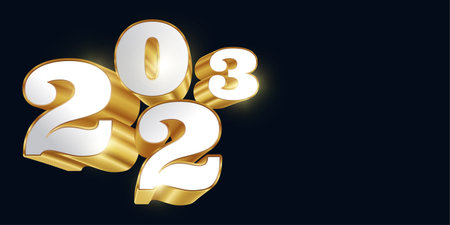 Happy New Year 2023 with White and Gold 3D Numbers Isolated on Black Background. New Year Design for Banner, Poster and Greeting Cardのイラスト素材