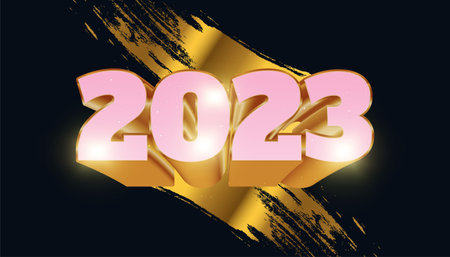 Happy New Year 2023 with Pink and Gold 3D Numbers Isolated on Gold Brush Background. New Year Design for Banner, Poster and Greeting Cardのイラスト素材