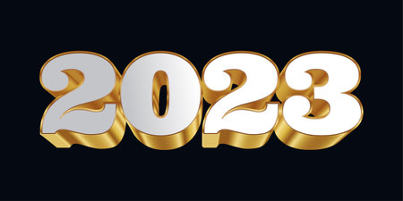 Happy New Year 2023 with White and Gold 3D Numbers Isolated on Black Background. New Year Design for Banner, Poster and Greeting Cardのイラスト素材