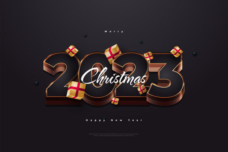 Happy New Year 2023 with Black and Gold 3D Numbers and Gift Box Isolated on Black Background. New Year Design for Banner, Poster and Greeting Cardのイラスト素材